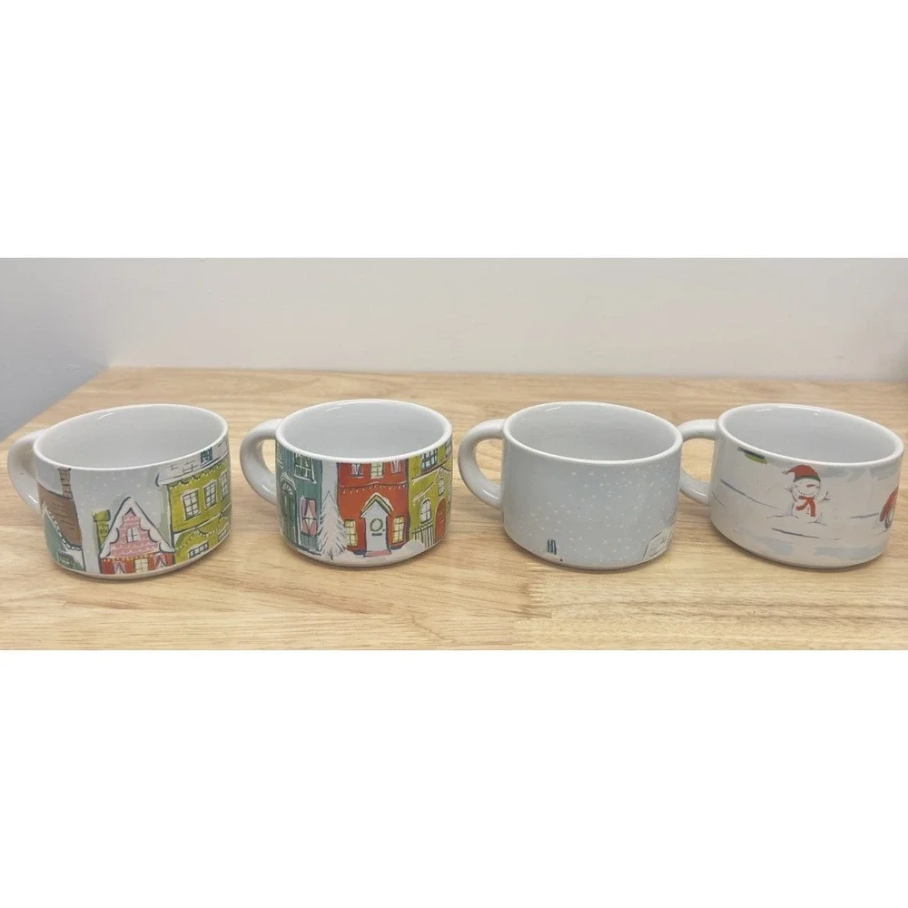 Set of 4 PIER 1 Christmas Stackable Stoneware Mugs Village scene Vintage #25‎